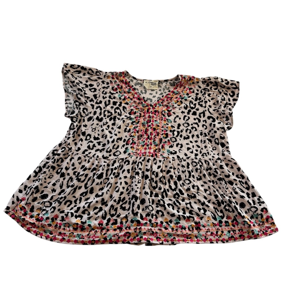 Savanna Jane Blouse‎ Womens 2X Boho Leopard Embroidered Flowy V Neck Cap Sleeve